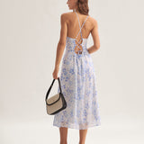 Clarice | Midi Plava Cvjetna Haljina s Halter Dekolteom